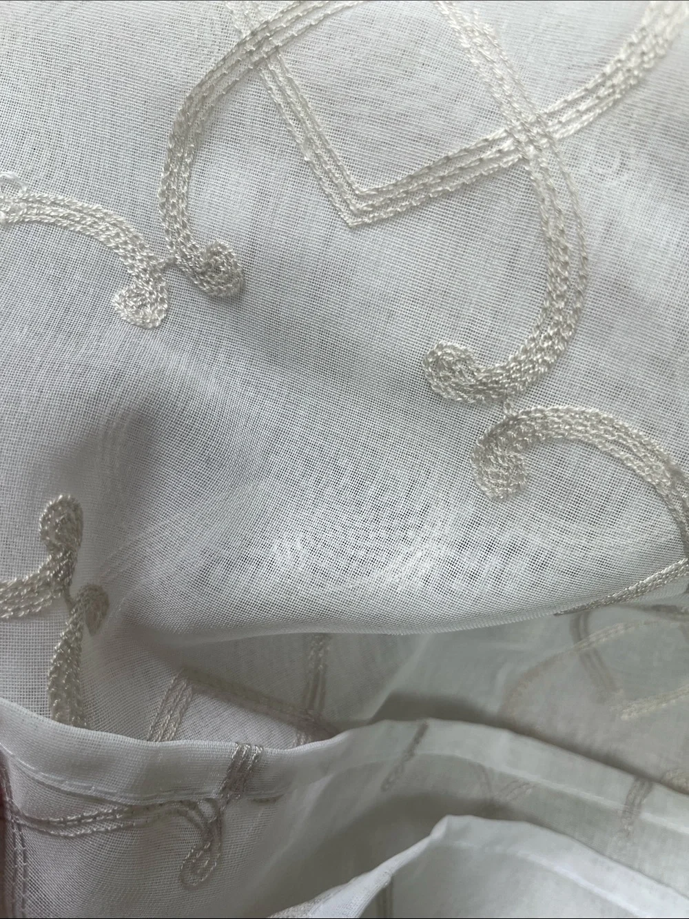 2 Sheer Panel Drapes White with Pale Gray Embroidered
